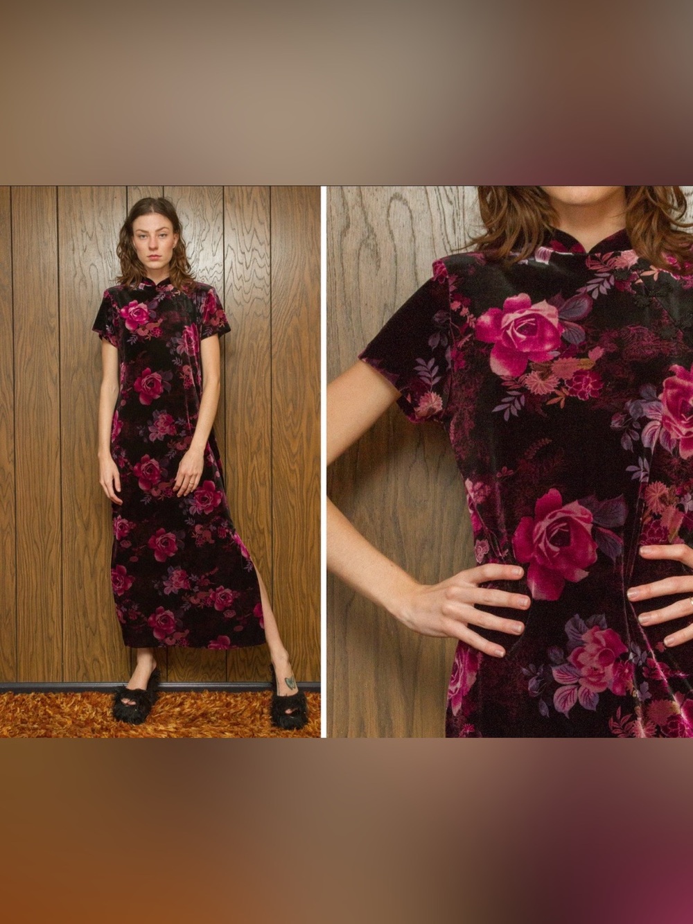 Vintage Social Circles Black Velvet Rose Floral Qipao Midi Dress Sz 10